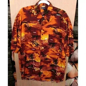 212 NYC‎ (L) Rayon Hawaiian Shirt Mens Button Front Camp Sunset Palm Trees